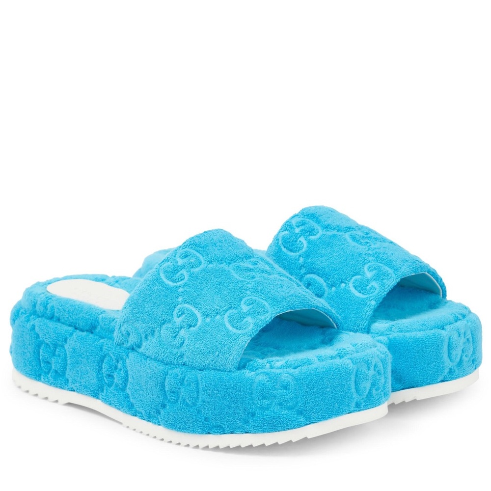 Gucci GG Terry Cloth Platform Slides - Blue
